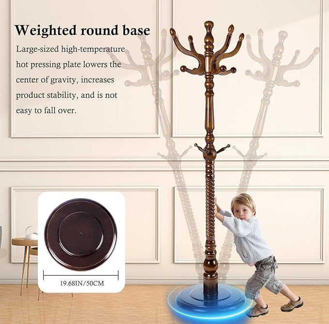 Coat Rack Stand, Solid Wooden Coat Tree with 11 Hooks, Heavy Duty Coat Rack Freestanding with Sturdy Round Base, Natural Birch Wood Coat Hanger Stand for Entryway Bedroom (brown circular)
