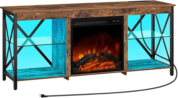 HOOBRO Fireplace TV Stand with Charging Station and LED Lights, TV Stand with Fireplace for TVs up to 65", Entertainment Center with Fireplace, Glass Shelves, Rustic Brown and Black BF140UDDS01