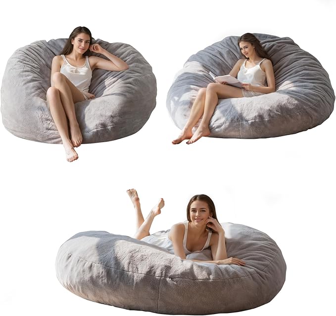 BYBYME 3 in 1 Bean Bag Chair, Convertible Chair Folds from Bean Bag to Lounger, High-Density Foam Filling, Faux Fur Big Sofa Bed, Giant Bean Bag Chair Bed for Adults