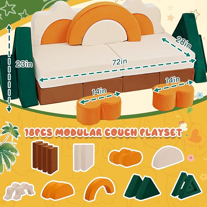 18PCS Modular Kids Play Couch - Junlge Theme Toddler Couch Building Fort, Convertible Sofa Multifunctional Kids Sofa, Toddler Baby Playroom/Bedroom Furniture for Playing, Sleeping
