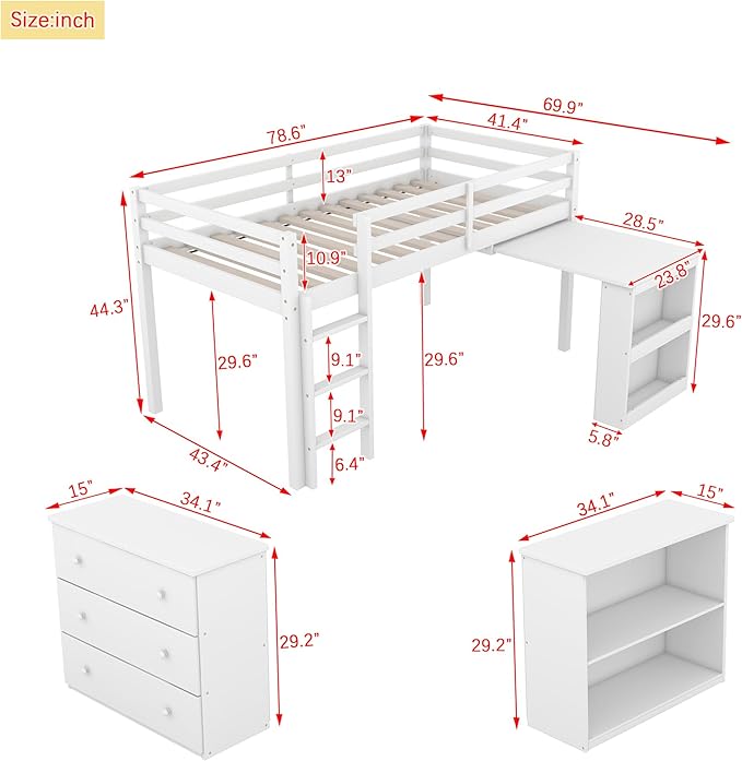 KEIKI Twin Loft Bed with Pull-Out Desk, Drawers & Open Shelves, Wooden Bed Frame with Guardrail, Low Design for Kids, White