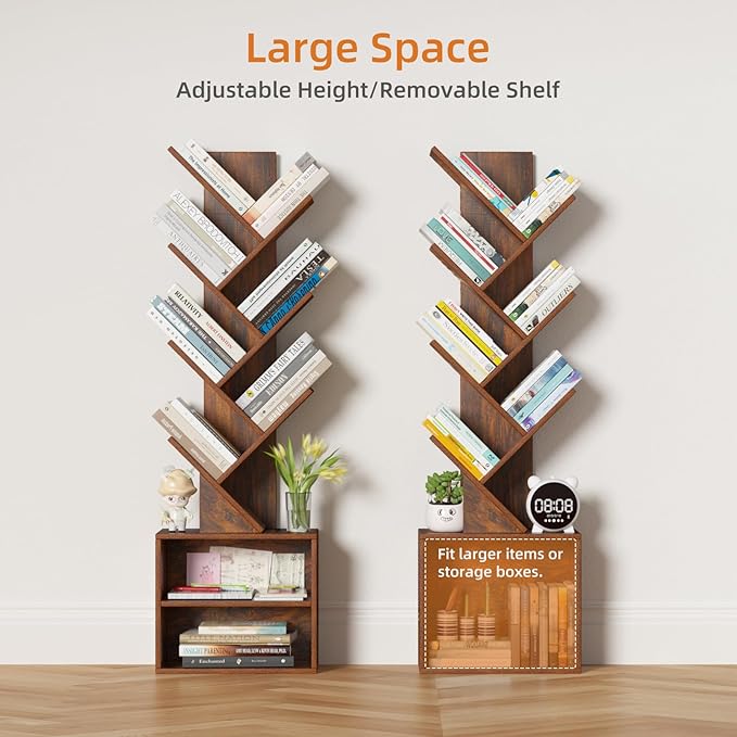 10 Tier Tree Bookshelf,Floor Standing Wood Tall Bookcase for Narrow Space, Storage Organizer Bookshelves for Books, Book Case for CDs/Movies/Books,Home Office,Living Room, Bedroom