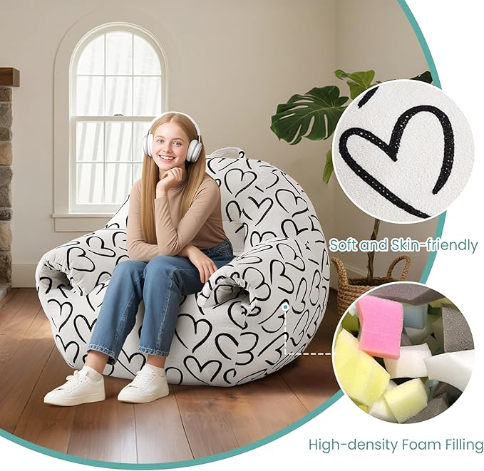 DAICO Bean Bag Chairs for Adults, Comfy Bean Bag Sofa Chair with Handle, Single Lazy Floor Sofas Accent Chair with Foam Bean Bag Couch for Living Room Bedroom Reading Gaming, White Cordate