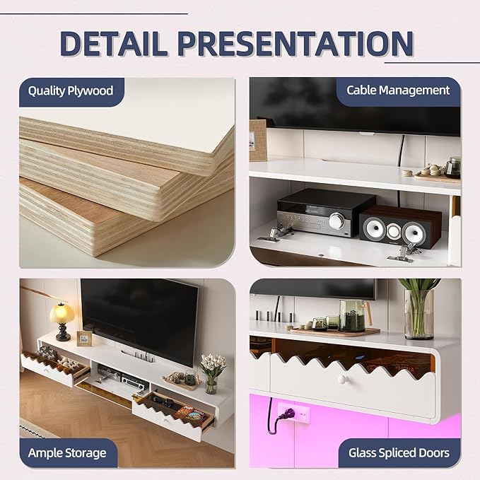 Floating TV Stand, 86IN Fully-Assembled Wall Mounted Wave Glass with Flip-Down Door & Drawers, Modern Media Entertainment Console Under TV Shelf for Livingroom