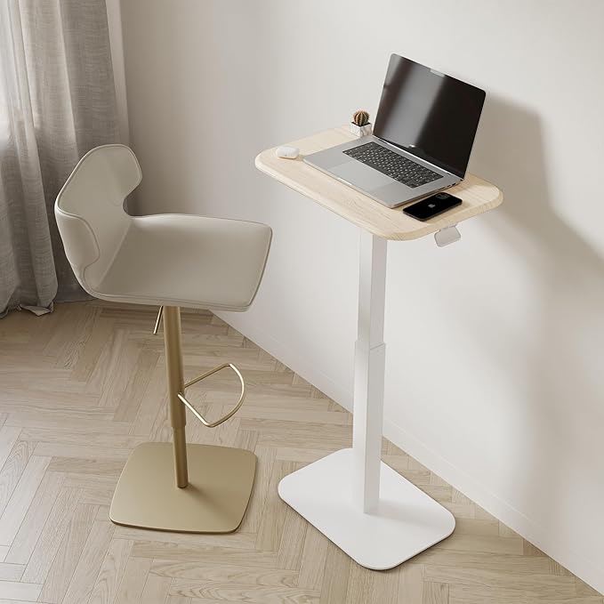 ERGOHOME™ ELEVANCE TABLE™ Height Adjustable Side Table for Couch or Bed, Laptop Table - Small End Table Office Coffee Table - C-Shaped Sofa Side Table with Multi-Function (White Base & Washed Oak Top)