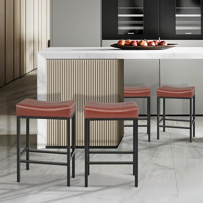 Athena Collection Counter Height Bar Stools Set of 2, 31.5 Inches Saddle Bar Stools with Leather Upholstered and Metal Legs, Backless Barstools for Counter, Kitchen Island, Dining Room, Mocha