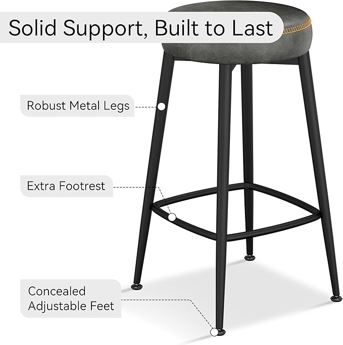 Counter Height Bar Stools, 26" H Backless Bar Stools Set of 8, Upholstered Faux Leather Kitchen Counter Stools, Mid Century Modern, Kitchen Island Home Bar, Pub, Black Grey