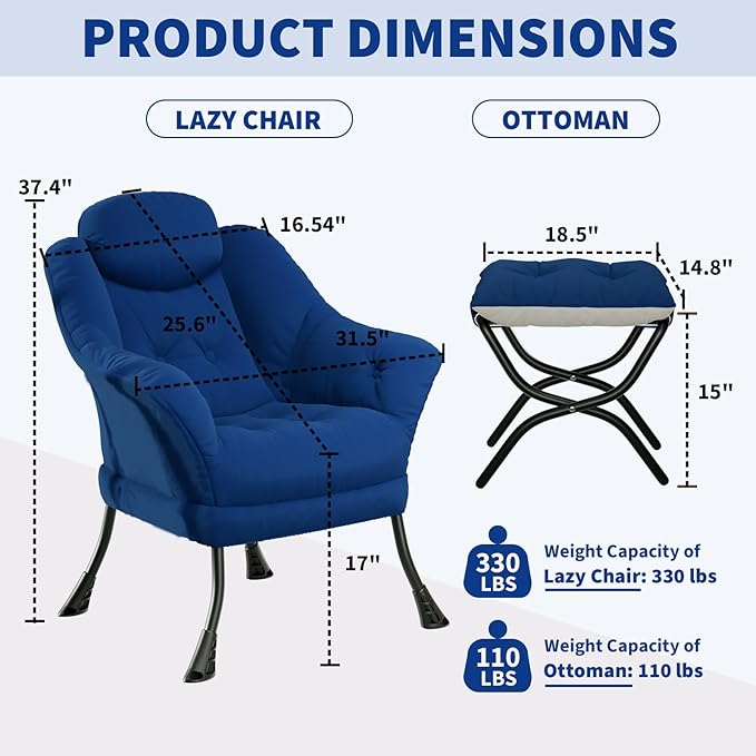 Lazy Chair with Ottoman - Modern Living Room Chairs for Small Spaces, Ergonomic Reading Chair with Armrests, Comfy Chair with Ottoman for Bedroom & Living Room, Blue