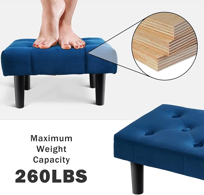 HOUCHICS Small Footstool Ottoman, Velvet Wooden Foot Stool Ottoman with Wood Legs, Sofa Footrest Extra Seating for Living Room Entryway Office(Blue 2PACK)