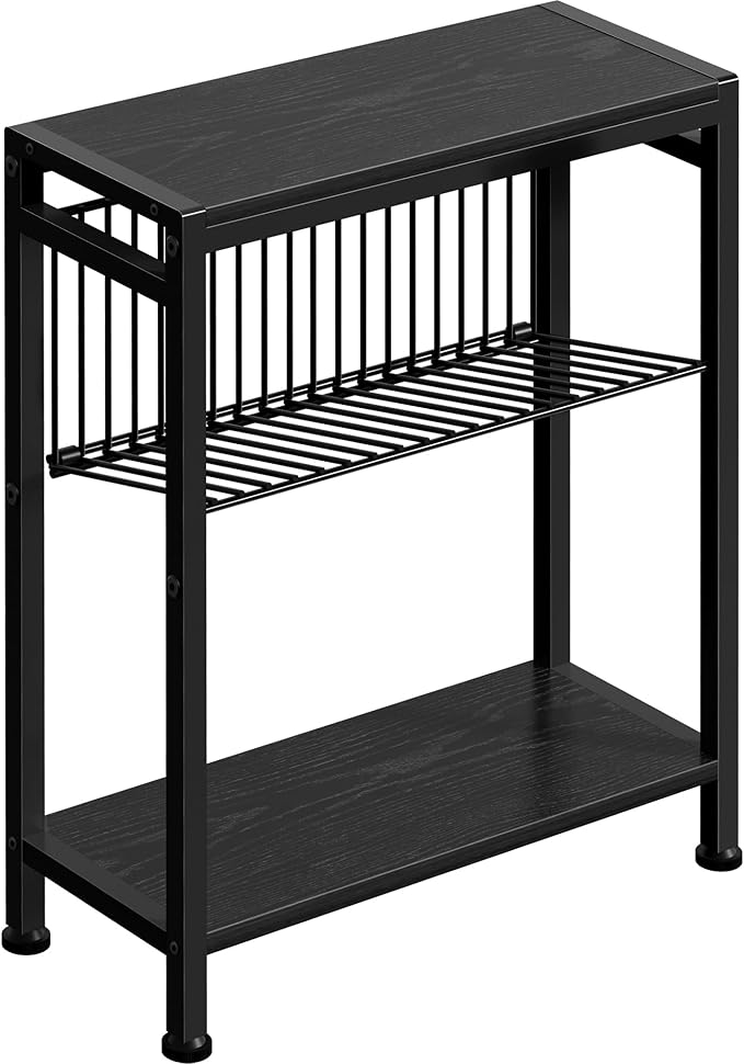 End Table for Small Space, 3-Tier Narrow Side Table with Magazine Holder, Nightstand, Skinny Snack Couch Table in Living Room, Bedroom Study and Balcony (Black)