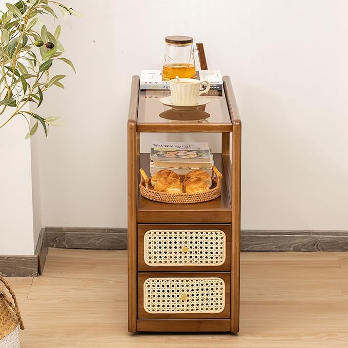 Bamboo & Rattan Side Table with Glass Top – 2-in-1 End Table and Bedside Cabinet with Drawer Storage for Small Spaces, Bedroom, Living Room,Walnut