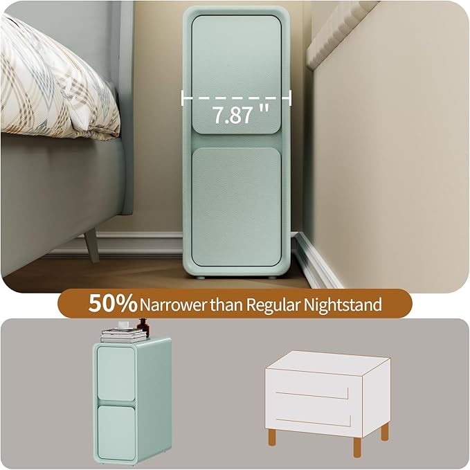 VICITON Modern Narrow Faux Leather Nightstand, Solid Wood Drawer, Storage Accent Table, Small Side End Table for Bedroom (Blue, Narrow)