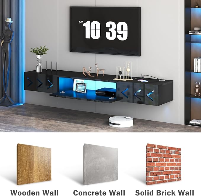 Floating TV Stand, 71" Floating Entertainment Center Wall Mounted,Floating Wall Mounted TV Shelf with Led Lights and Power Outlet,Modern High Gloss tv Cabinet Media Console with Storage