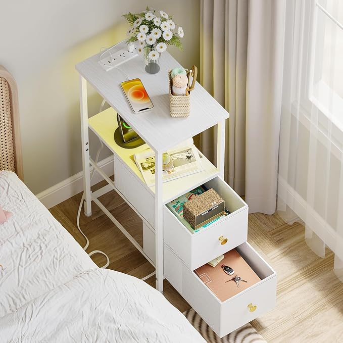Fixwal Narrow Side Table with Charging Station and LED Light, Skinny Nightstand with 2 Fabric Drawers, Slim End Table for Bedroom, Dorm, Small Space, White