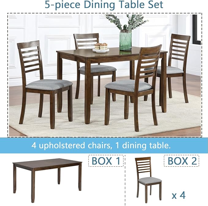 KEIKI 5-Piece Standard Height Dining Table Set with Rectangular Table and 4 Upholstered Ladder Backrset Chair, for 4 Person, Modern Wooden Table Set, Easy Assembly, for Kitchen, Dining Room, Walnut