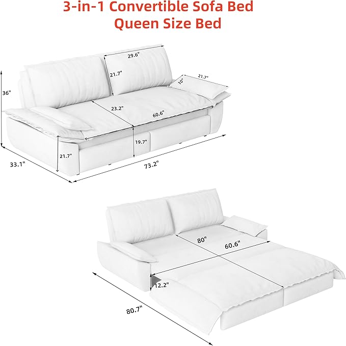 ERYE 73.2" Queen Size Sleeper Sofabed Modern 3 in 1 Convertible Loveseat Sofa&Couch, Velvet Upholstered Love Seat Sofa with Pull Out Sleep Couch Bed and W/Pillows Armrests for Home Apartment RV