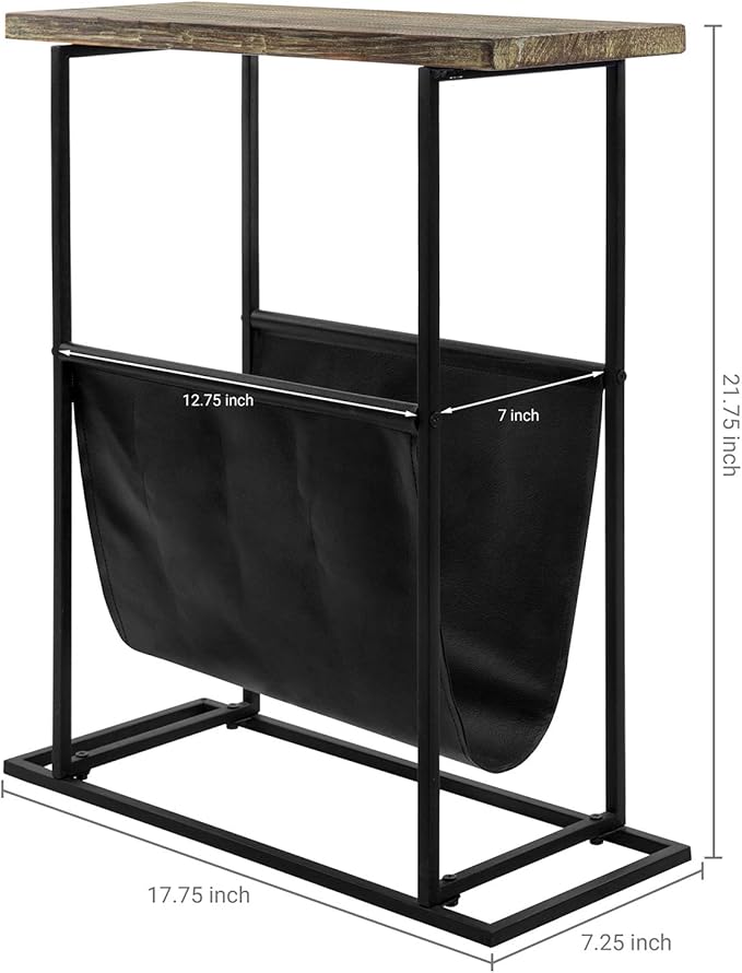 MyGift 21-Inch Modern Narrow Living Room End Table with Hand Torched Solid Wood Tabletop and Black Metal Frame, Bedroom Nightstand Side Table with Magazine Holder Sling