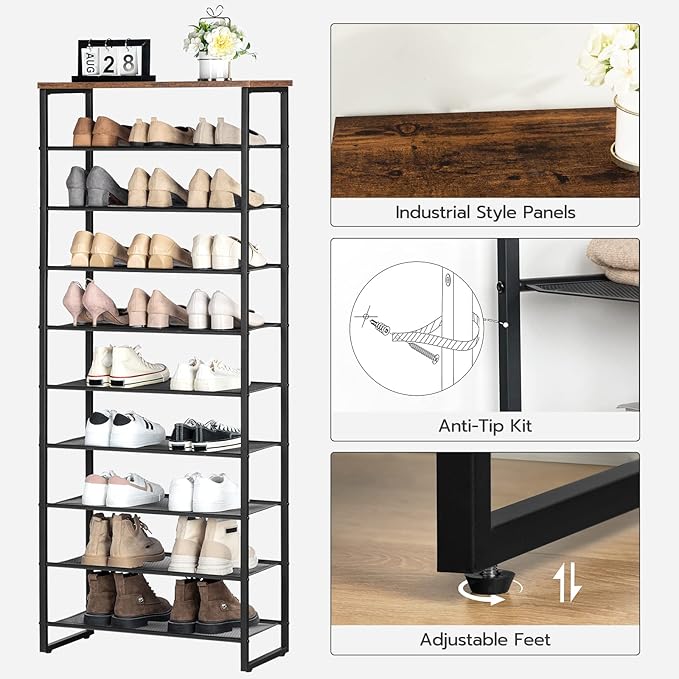 HOOBRO 10-Tier Shoe Rack, 23.6" L Shoe Storage Organizer, Large Capacity Shoe Shelf for Front Door Entrance, Entryway, Hallway, Holds 27-30 Pairs of Shoes, Closet, Rustic Brown BF601XJ01