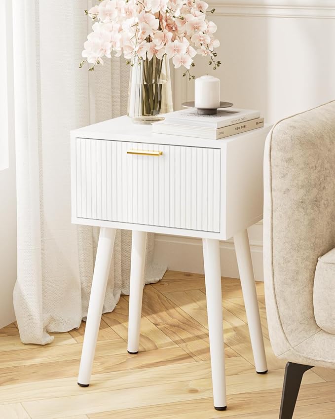 Night Stand, White Nightstand with Fluted Door, Small Modern Mid-Century Bedside Table for Bedroom, End Table for Living Room