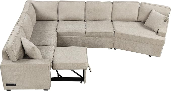 126" Extra Large Pull-Out Sofa Bed with Drop-Down Cup Holder Tables,L-Shaped Sectional Cozy Couch W/Charging Device,Convenient Sleeper Furniture Set for LivingRoom Apartment,Black Chenille