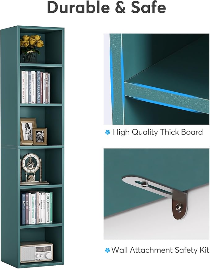 LITTLE TREE 70.9 Inch Tall Narrow Bookcase, Corner Bookshelf 6 Tier Cube Display Shelf Storage Organizer for Small Space, Blue