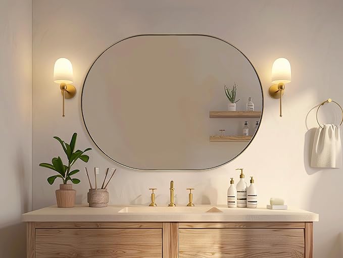 ANDY STAR Brass Bathroom Mirror for Wall, 30x40 Gold Oval Mirrors for Bathroom, Brass Oval Mirrors, Pill Shaped Mirror, Large Vantiy Mirror Stainless Steel 1’’ Deep Hang Vertically & Horizontally