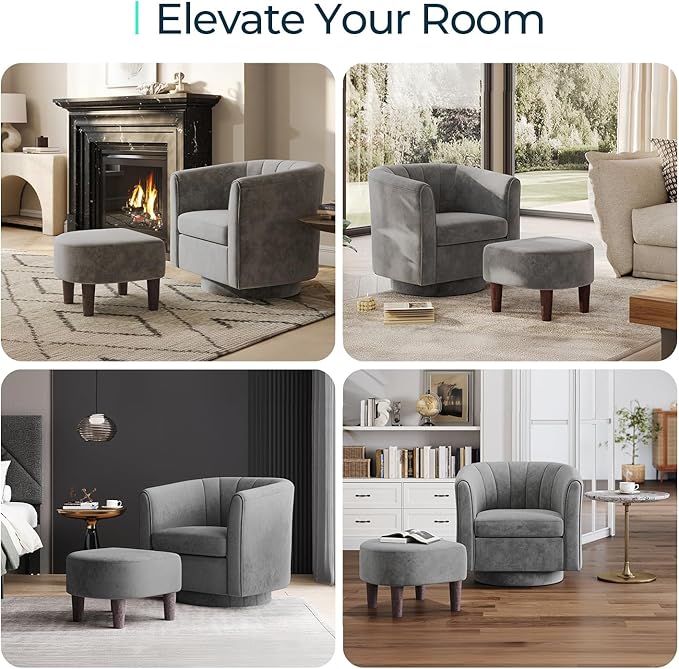 LINSY Swivel Accent Chair with Ottoman: Small Velvet Barrel Chair 360 Swivel Modern Armchair, Upholstered Reading Chair with Footrest for Living Room Bedroom Study Room (Grey)