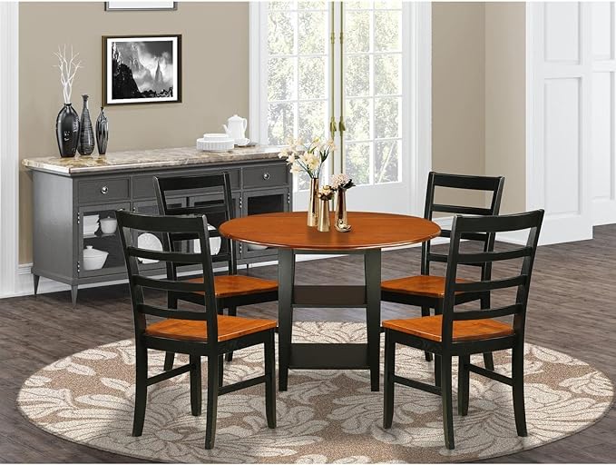 East West Furniture SUPF5-BCH-W 5 Piece Dining Set Includes a Round Dining Table with Dropleaf & Shelves and 4 Kitchen Chairs, 42x42 Inch, Black & Cherry