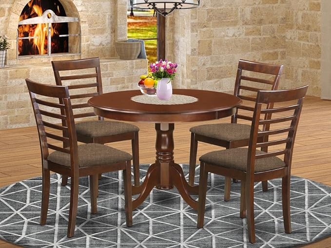 East West Furniture HLML5-MAH-C 5 Piece Dining Table Set for 4 Includes a Round Kitchen Table with Pedestal and 4 Linen Fabric Dining Room Chairs, 42x42 Inch, Mahogany