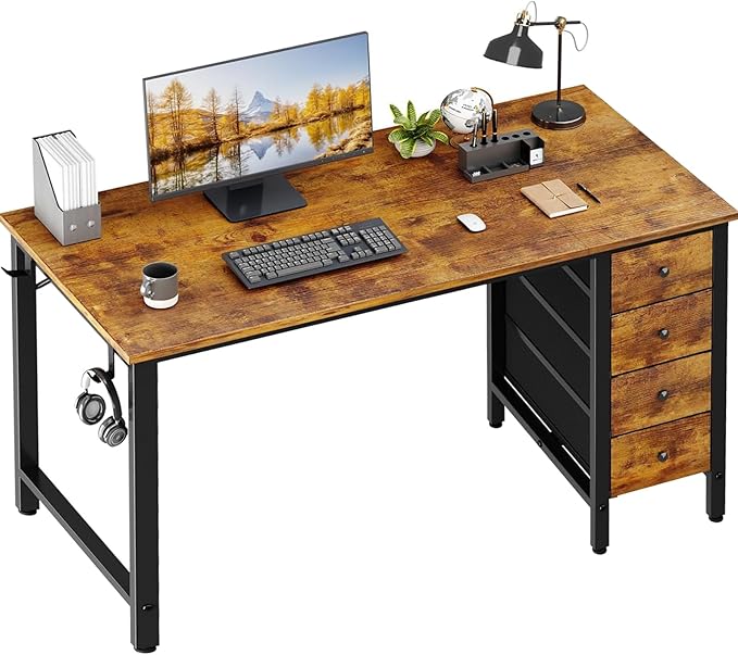 Lufeiya Computer Desk with Fabric Drawers - 55 Inch Long Study Work Writing Desk for Home Office Bedroom, Reversible Simple Modern Cute PC Desks with Drawer, Rustic Brown