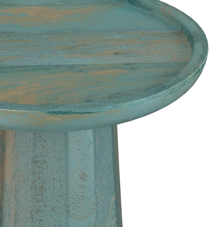 SIMPLIHOME Dayton Solid Mango Wood 13 inch Wide Round Contemporary Wooden Accent Table in Teal Wash, Fully Assembled for The Living Room and Bedroom