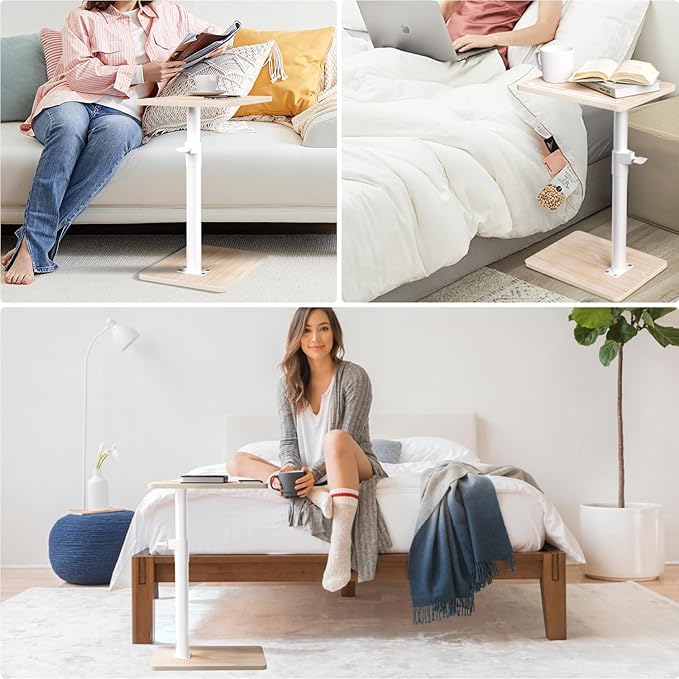 Sofa Armrest Tray Table for Couch - 360° Swivel Height Adjustable End for Small Spaces, Snack Side Table for Bed or Chair with Phone & Tablet Slot (Oak,Standard)