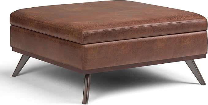 SIMPLIHOME Owen 40 inch Wide Mid Century Modern Square XL Coffee Table Storage Ottoman in Distressed Saddle Brown Vegan Faux Leather, Assembled, For the Living Room, Entryway and Family Room