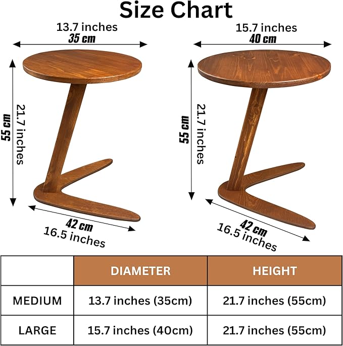 C-Shaped Handmade End Table, Side Table for Couches, Sofa Tables Slide Under Couch for Living Room, Over Couch TV Tray Table for Small Spaces (Large, Chestnut)