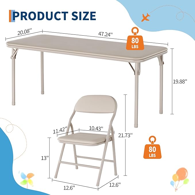 GarveeHome 5-Piece Kids Folding Table and Chairs Set, Toddlers Children's Activity Table and Chairs Set for Dining Room,Daycare,Classrooms