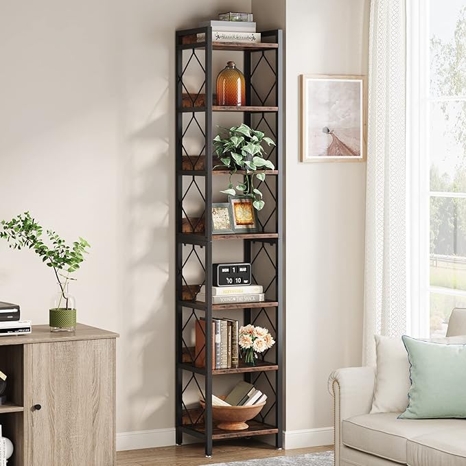 Tribesigns 78.7 Inch Extra Tall Narrow Bookshelf, 7 Tier Skinny Bookcase for Small Spaces, Freestanding Display Shelves, Multifunctional Corner Storage Organizer for Home Office, Rustic Brown