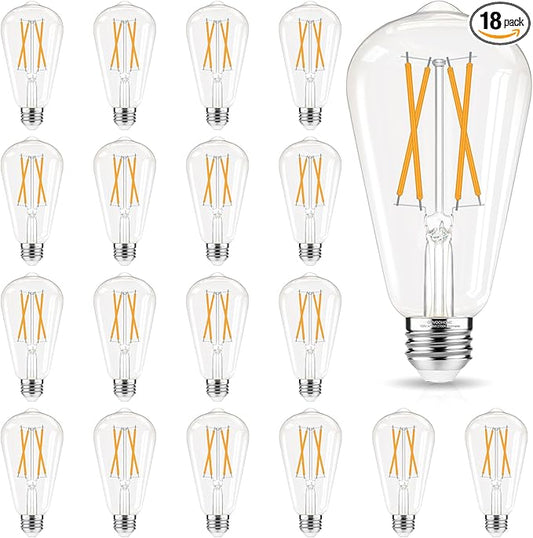 Edison Bulbs 60 watt Equivalent LED, E26 Bulb Dimmable, Soft White 2700K, ST58 Vintage Light Bulbs, 90+ CRI, 6W 600LM, E26 Medium Base, Clear Glass, 18 Pack
