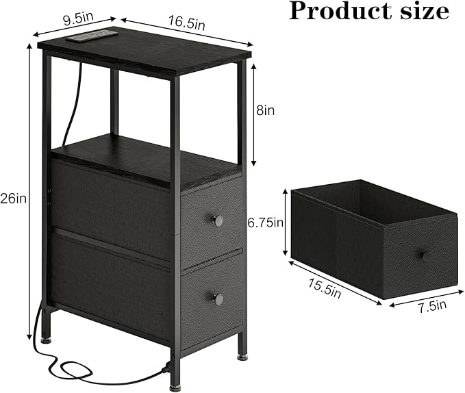 Fixwal Narrow Side Table with Charging Station and LED Light, Skinny Nightstand with 2 Fabric Drawers, Slim End Table for Bedroom, Dorm, Small Space, Black