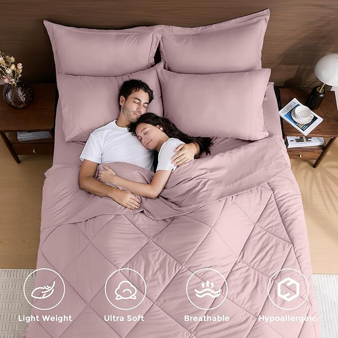 HEVUMYI Rose Gold Queen Comforter Set - 7-Piece All Season Bed in a Bag Queen, Ultra Soft Bedding Set with Comforter, Flat Sheet, Fitted Sheet, Pillowcases, Pillow Shams