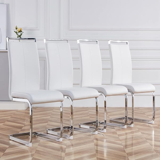 Dining Chairs Set, Kitchen Modern Metal Chairs with Faux Leather Padded Seat High Back and Sturdy Chrome Legs, Chairs for Dining Room (White, Set of 2)