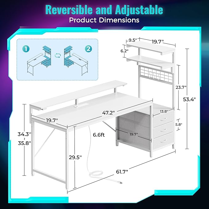 PRAISUN 61.7" Gaming Desk with LED Lights & Outlets, Computer Desk with 3 Fabric Drawers, PC Desk with PC Case Stand & Movable Storage Shelves, Monitor Stand, Reversible, White