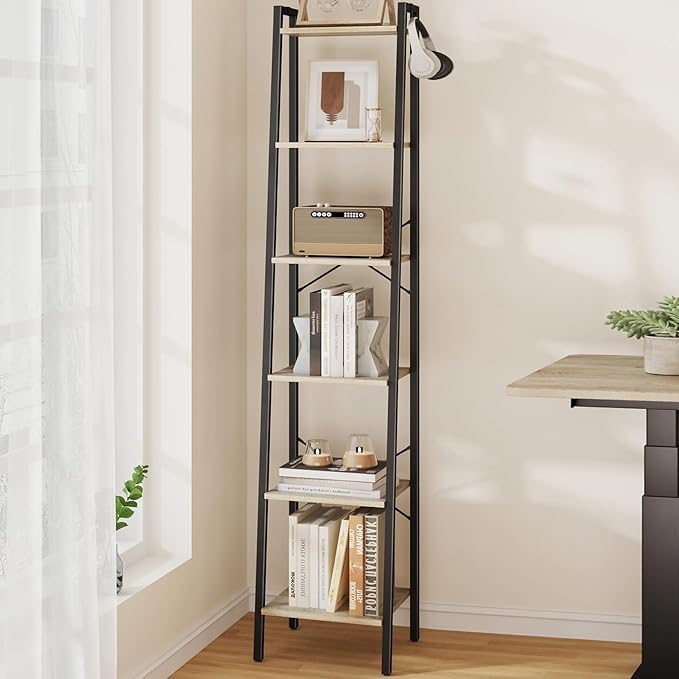 Ladder Shelf, Bookshelf Bookcase, Freestanding Corner Storage Shelve with 2 Hooks for Home Office, Living Room, Kitchen, Bedroom, Industrial, 6-Tier Greige BC13305B