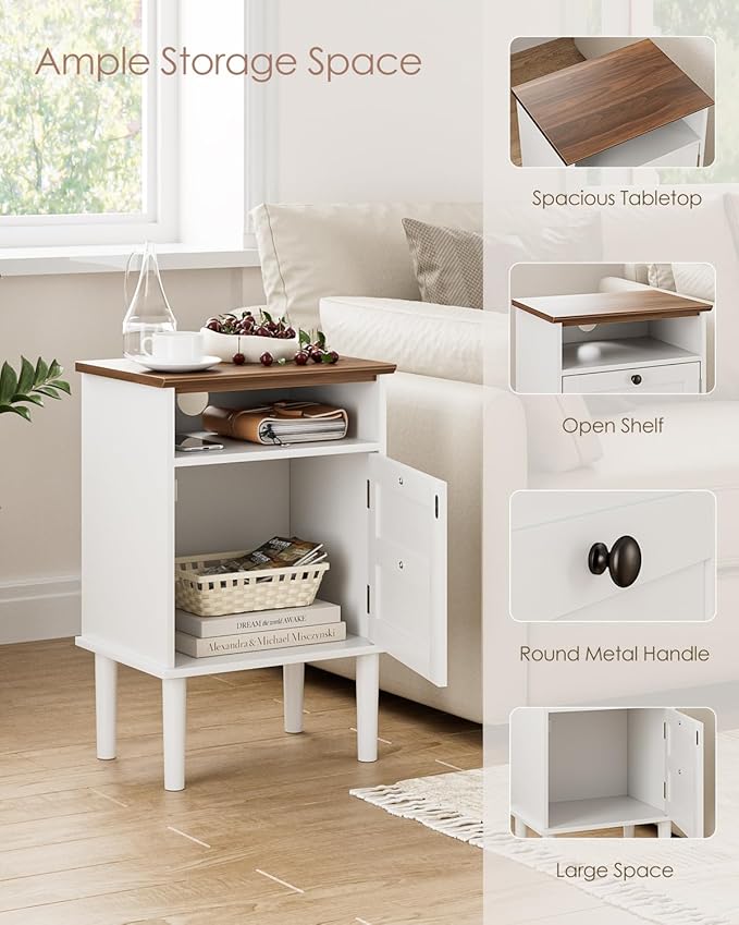 Nightstand, Boho Night Stand with 1 Drawer, Modern Side Accent Table with Open Shelf, Wooden Top Bedside End Table for Bedroom, Living Room, White