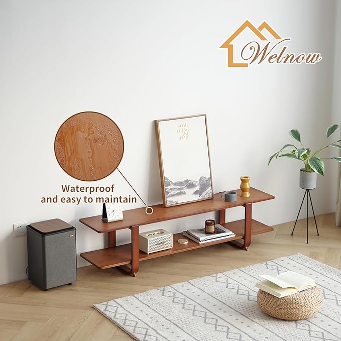 Welnow Bamboo TV Stand for Up to 65 Inch, Mid Century Modern Entertainment Center with 2-Tier Open Shelves, Storage Media Console Table for Living Room, Bedroom, Walnut