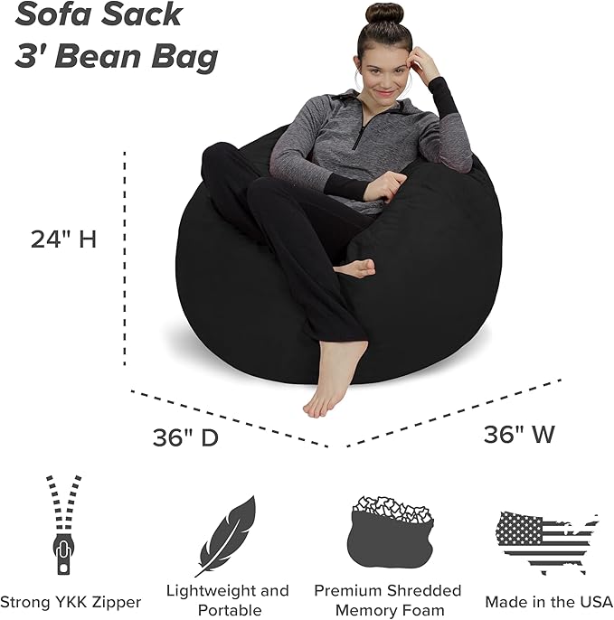 Sofa Sack Bean Bag Chair - Plush, Ultra Soft - Memory Foam Bean Bag Chair with Microsuede Cover - Stuffed Foam Filled Furniture and Accessories for Dorm Room 3 Feet - Black