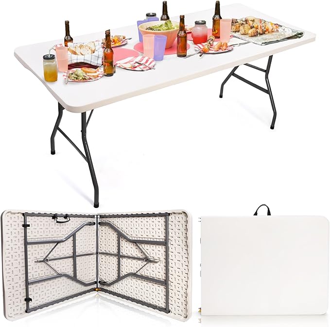 Goaste 6 Foot Folding Table, Portable Plastic Dining Table, Fold-in-Half Heavy Duty Table Indoor Outdoor for Camping, Picnic, Party, BBQ, Wedding, White