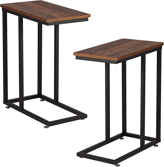 VECELO C Shaped End Side Table for Sofa Couch and Bed Snack TV Tray for Living Room Bedroom, 2 Set, Brown