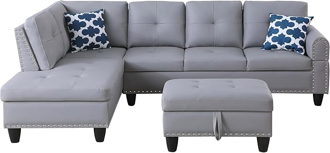 Ball & Cast 98" L Shaped Sectional Couch for Living Room with Storage Ottoman&Nailhead Trim,4 Seat Faux Leather Upholstered Modular Sectional Sofa Set 3 PCS W/Chaise&Cup Holders,for Home,Office,Gray
