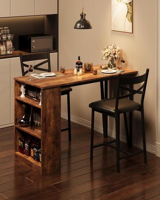 Garvee Bar Table and Chairs Set, 3 Piece Bar Table Set with with Flip Top Extension and Storage Shelves, Dining Table Set for 2, Suitable for Small Space Kitchen Apartment, Brown