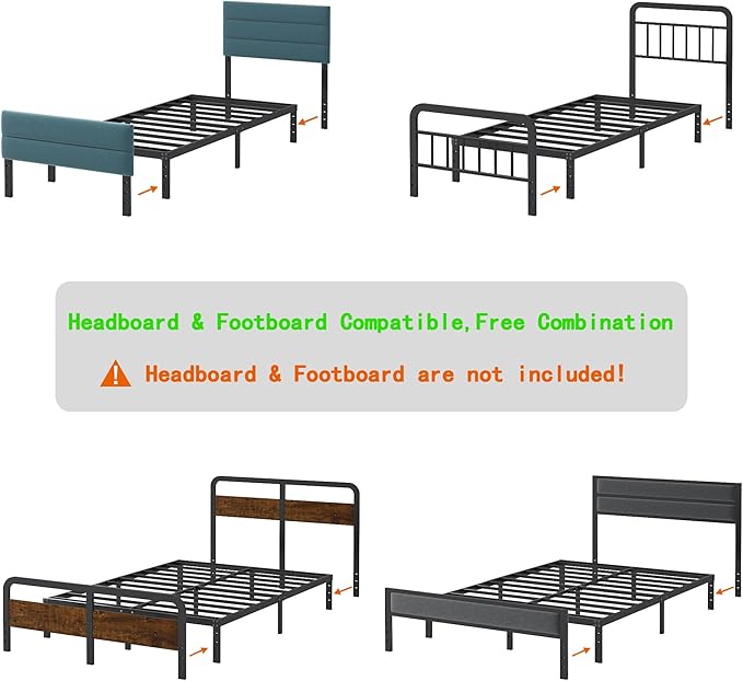 12 Inch Twin XL Size Bed Frames, Heavy Duty Metal Bed Frame Twin XL, No Box Spring Needed, Easy Assembly, Noise-Free, Black